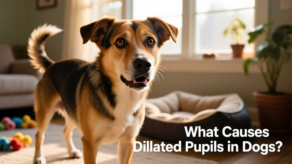 Dog showing a fearful expression with clearly dilated pupils and tense body language