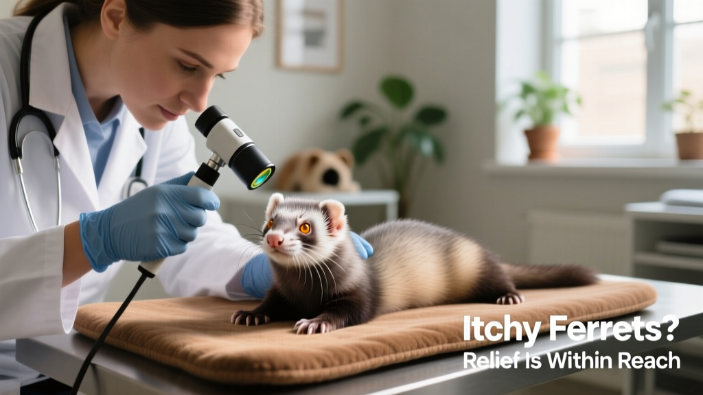 Veterinarian examining a ferret’s skin with a dermatoscope during a wellness check