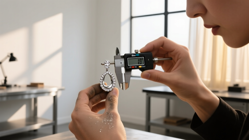 Jeweler using a digital micrometer to measure post thickness and plating wear on a fashion earring backing in a bright workshop.
