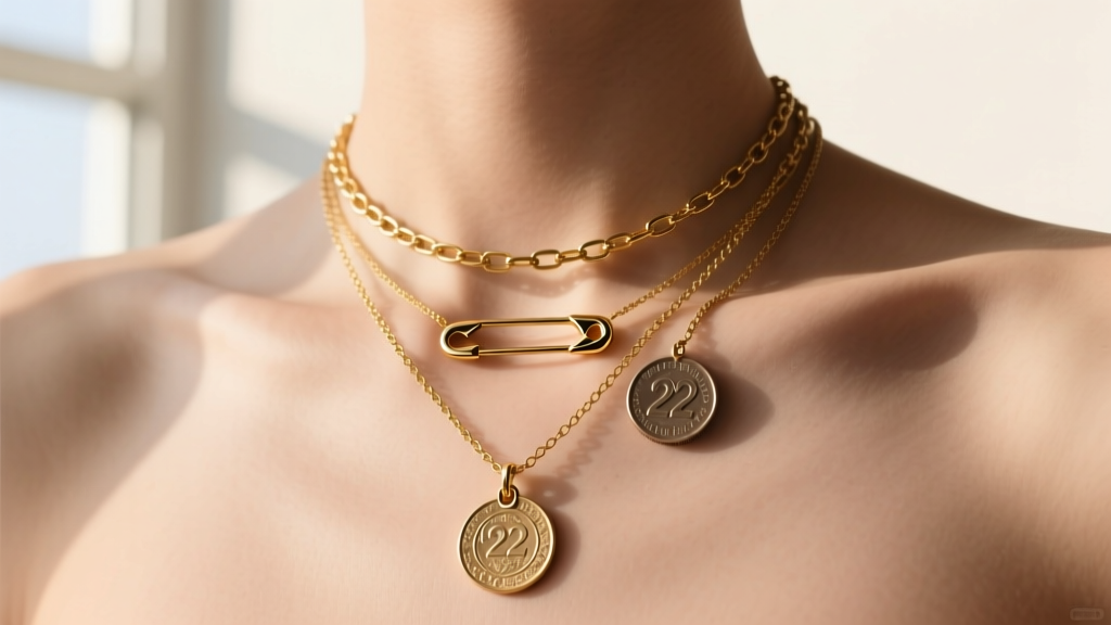 Layered necklace stack showing a 14-inch gold chain, an 18-inch safety pin pendant, and a 22-inch coin necklace against bare skin.