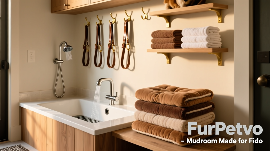 Close-up of a FurPetVo mudroom setup featuring a raised bath station, hanging leashes on hooks, stacked absorbent mats, and folded microfiber towels on a shelf