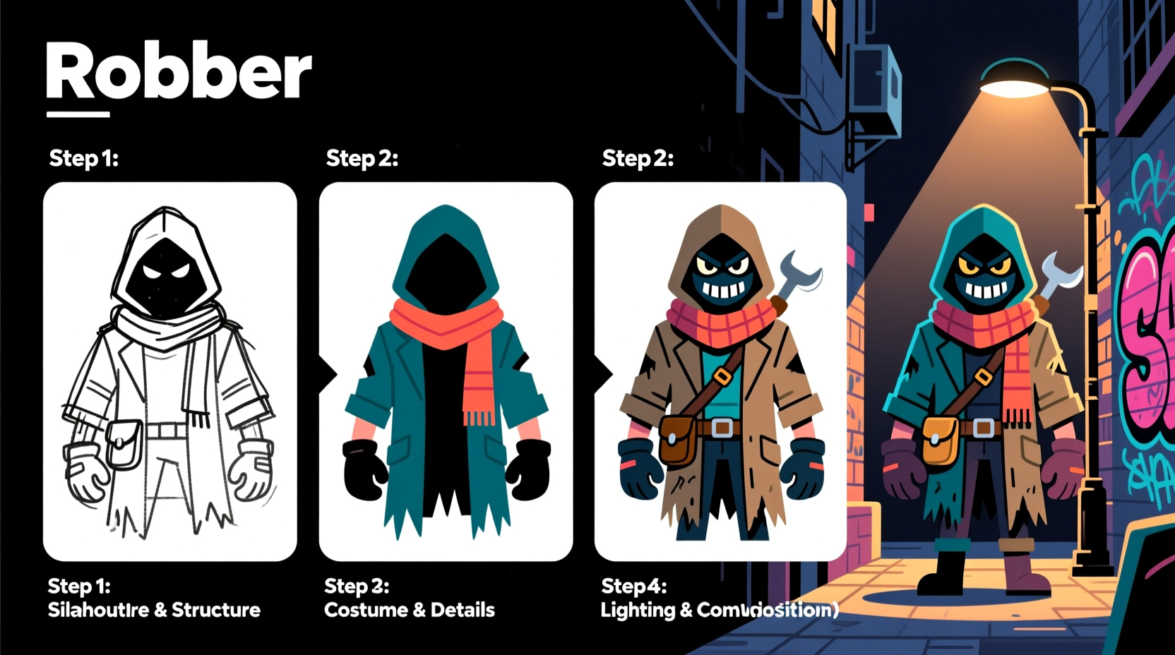 Step-by-step visual guide for creating Robber element