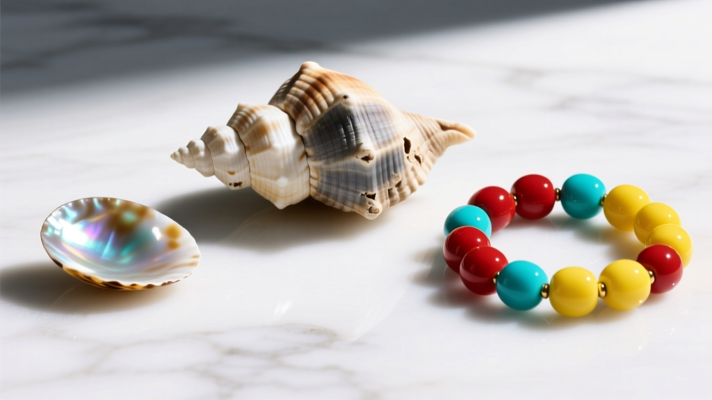 Close-up of three puka strands: raw natural shells, polished tumbled shells, and uniform synthetic resin beads on white marble.