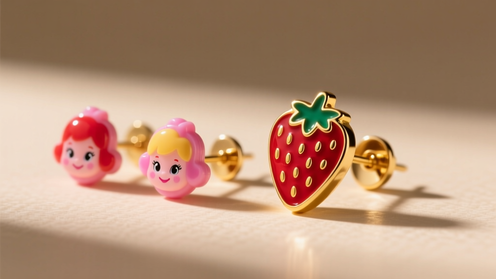 Vintage plastic Strawberry Shortcake clip-ons beside a 14k gold vitreous enamel strawberry stud earring in warm studio lighting