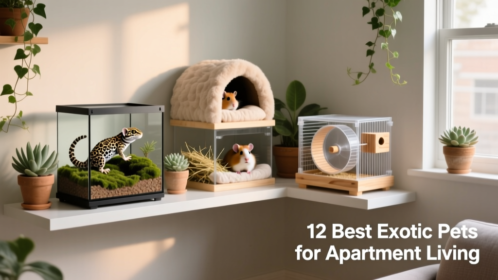 A tidy, modern apartment corner featuring a well-equipped leopard gecko terrarium, a cozy guinea pig habitat, and a compact hamster cage—all arranged thoughtfully with plants and soft lighting