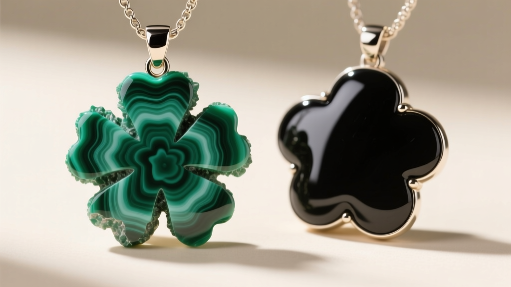 Macro view of malachite and onyx clover pendants, showing natural green banding and the deep black polish of carved gemstones.