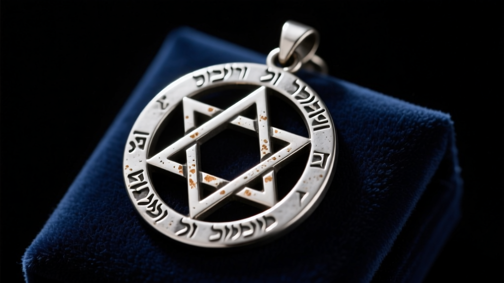 Oxidized silver Seal of Solomon hexagram pendant on dark velvet showing engraved letters and geometric lines in soft studio light