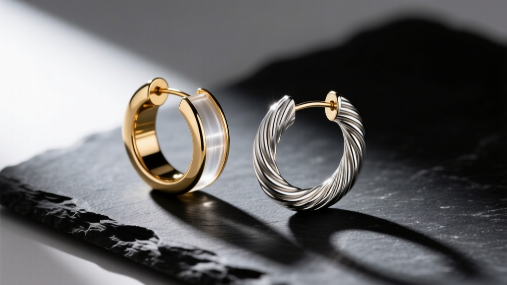 Side profile comparing a hollow tube open circle earring to a solid wire open circle stud, both resting on a dark slate surface.