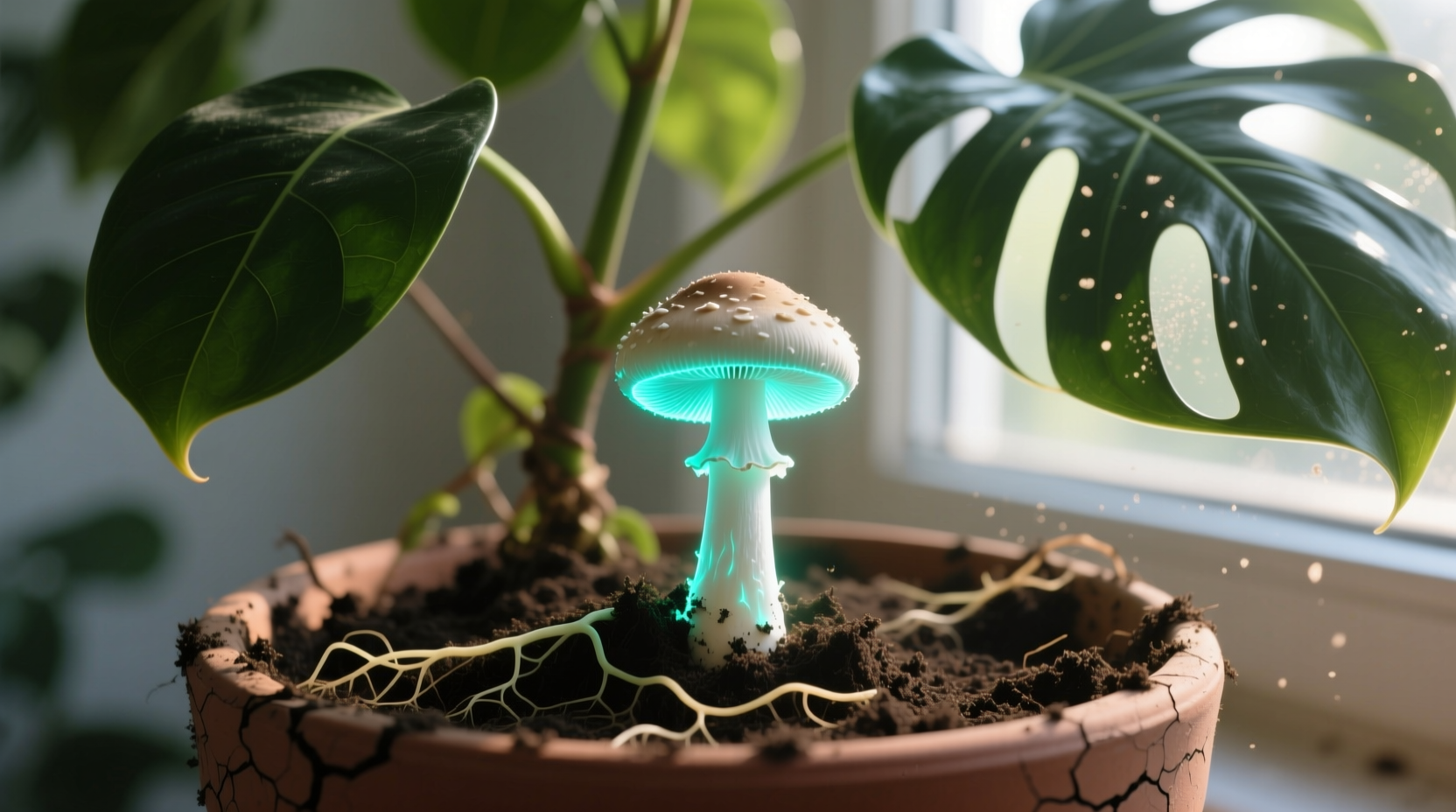 mushroom growing in houseplant