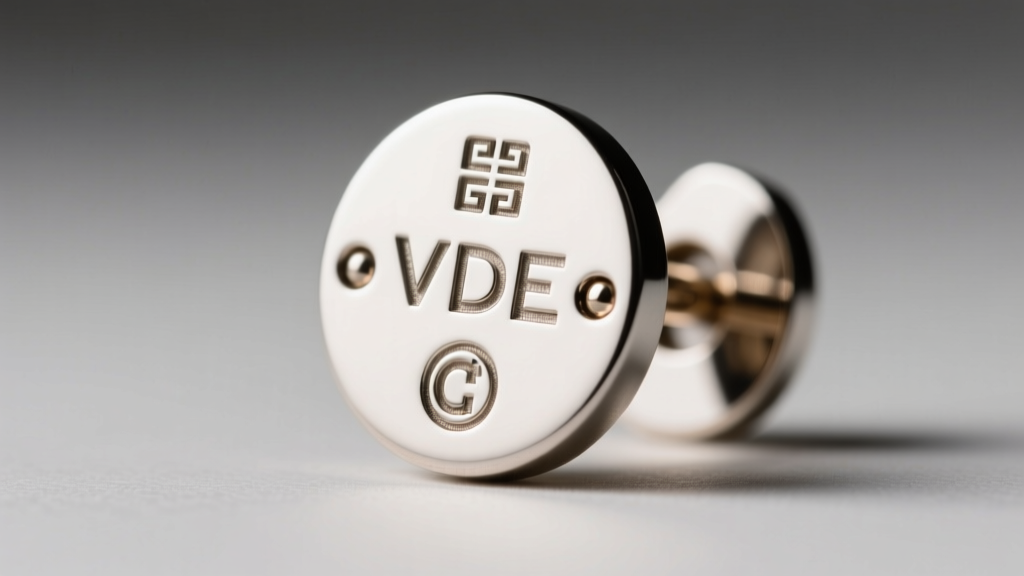 High-resolution macro photograph of the backplate of a Givenchy earring showing the stamped VDE hallmark and copyright symbol