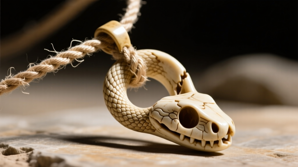 Macro photography of a frayed silk cord threading through the sharp neural arch of a carved snake bone pendant under bright light