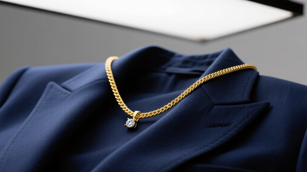 Delicate 14k yellow gold cable chain with a small bezel-set diamond pendant on a navy blazer under soft broadcast studio lighting