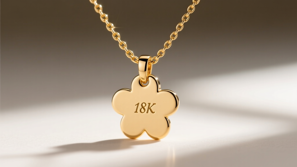 Macro view of a 1.2mm gold chain and lobster clasp on a clover necklace, showing a soldered jump ring and tiny hallmark engraving.