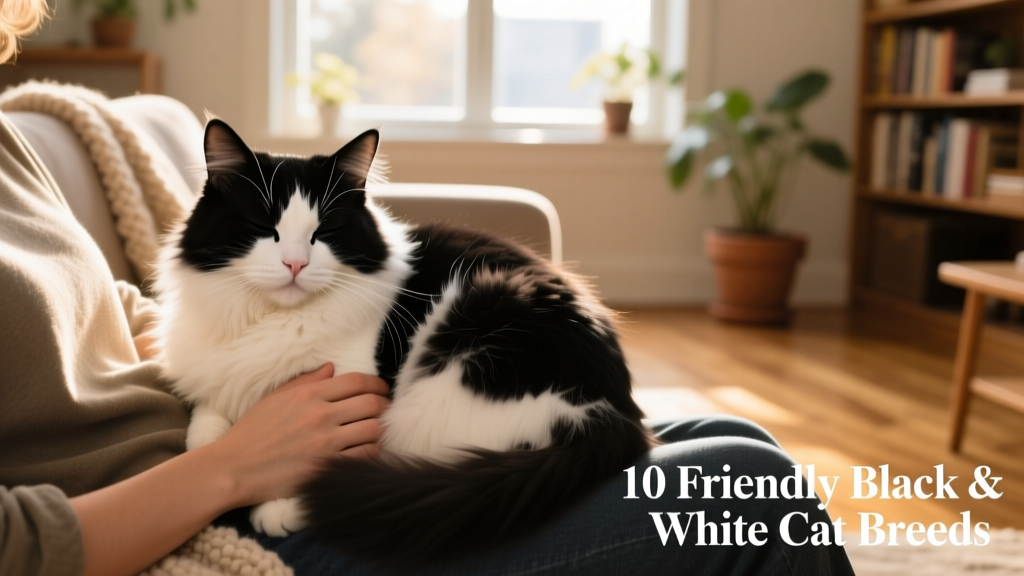 A fluffy black-and-white Ragamuffin cat curled contentedly in a person's lap, eyes half-closed