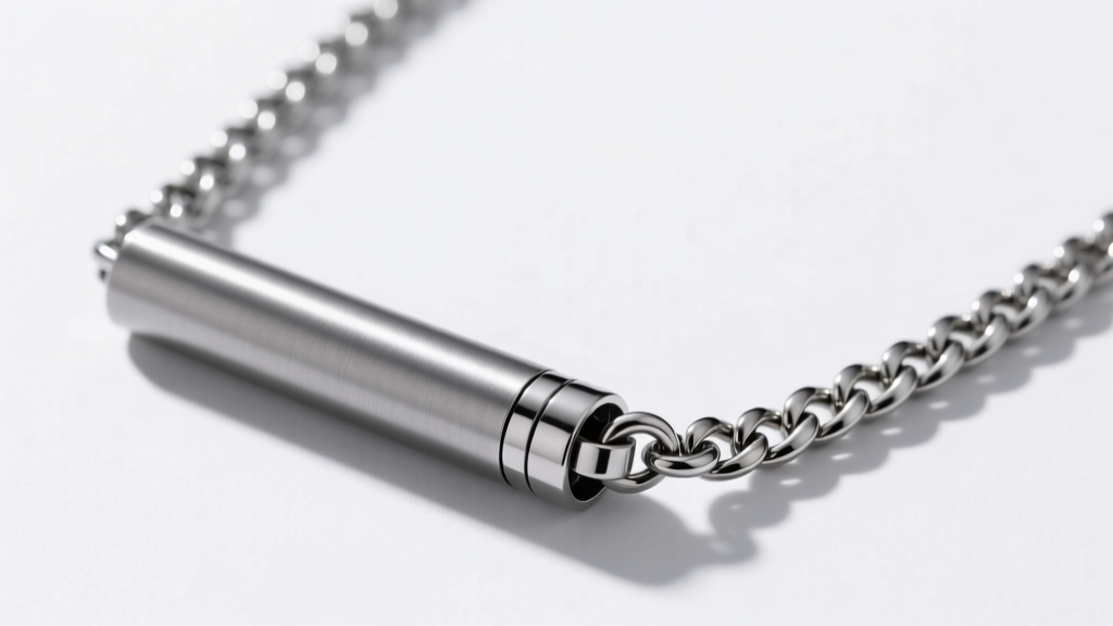 Titanium cigarette holder necklace with a Cuban chain, showing lightweight grey metal and a secure clasp on a white background.