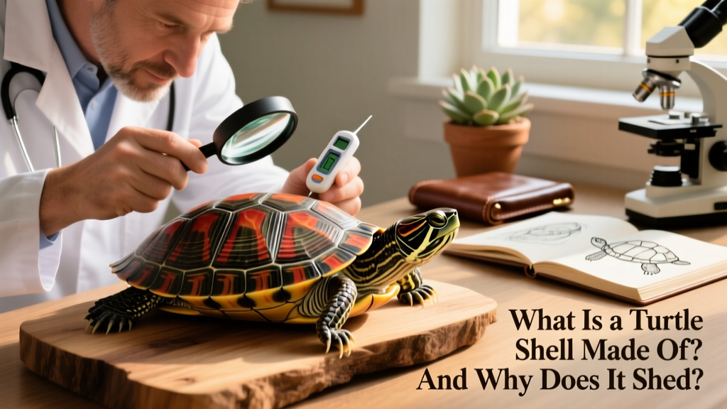 Veterinarian examining a turtle's shell with magnifying tool and digital thermometer, highlighting healthy texture and color