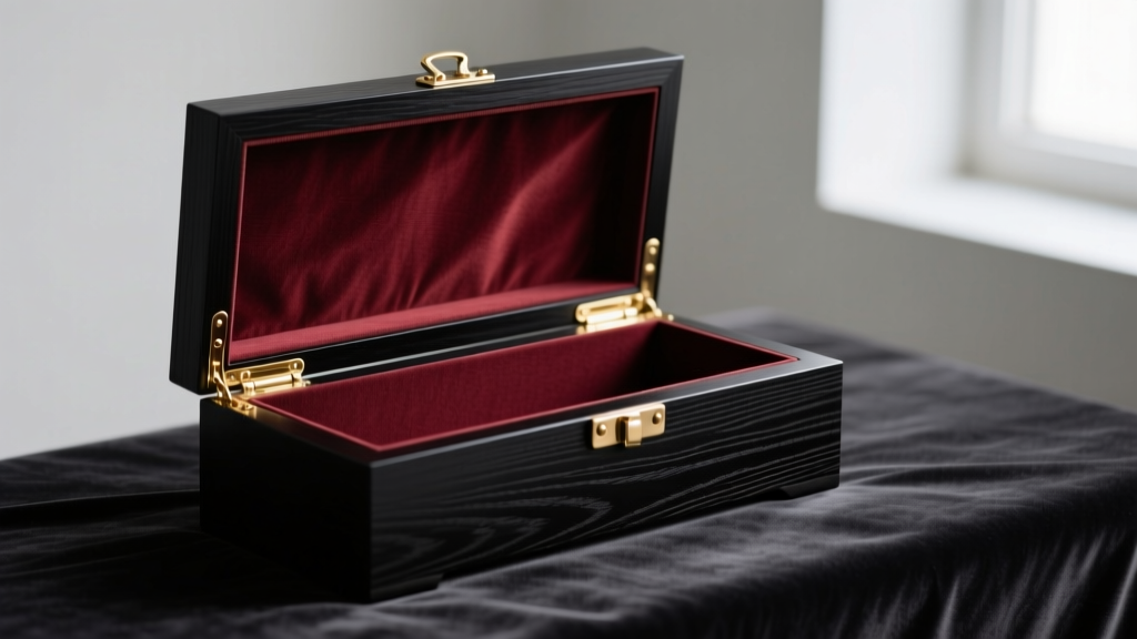 Matte black wooden coffin jewelry box on dark velvet, lid ajar revealing burgundy interior lining and polished brass butt hinges.