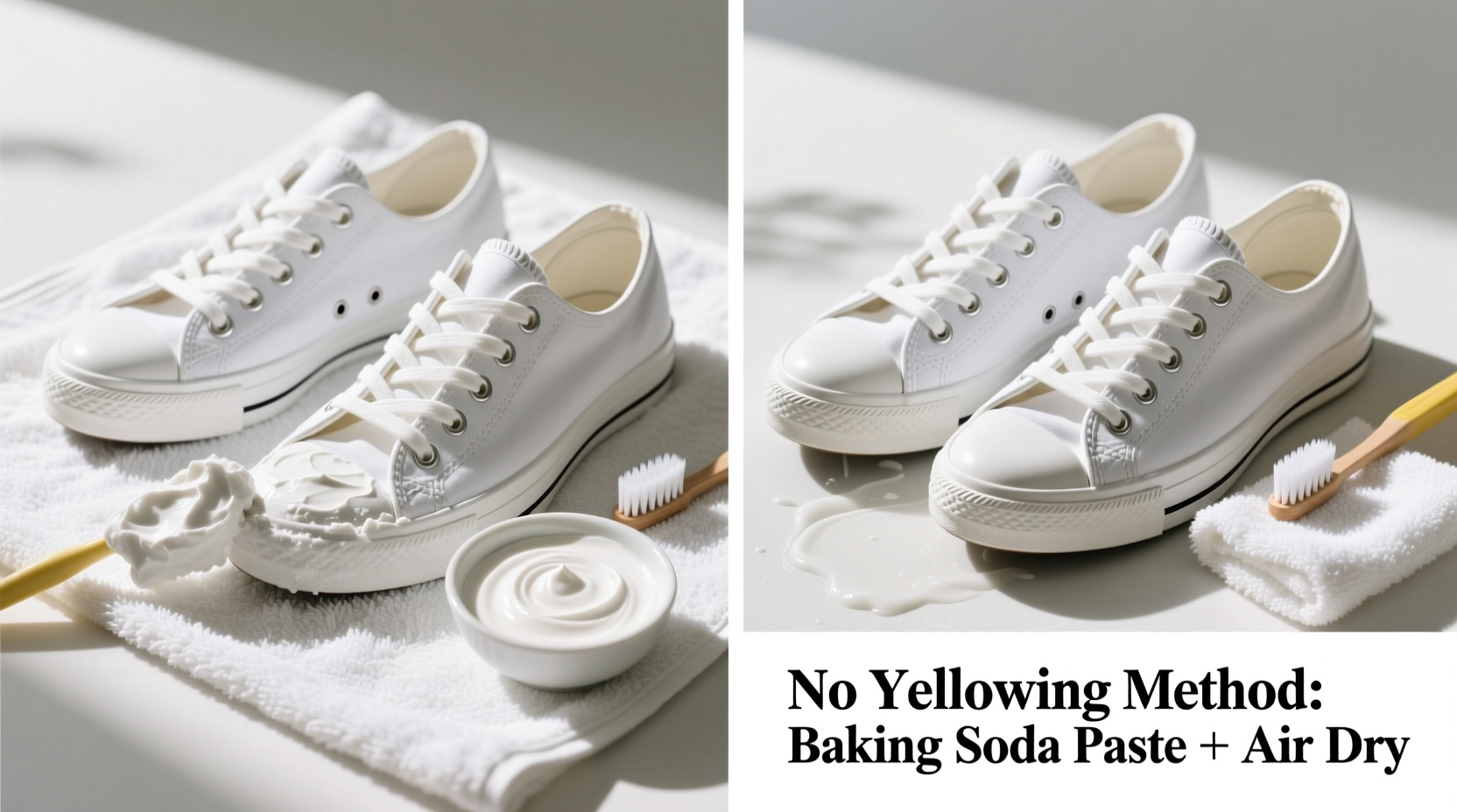 how to clean white canvas shoes without yellowing them using baking soda paste