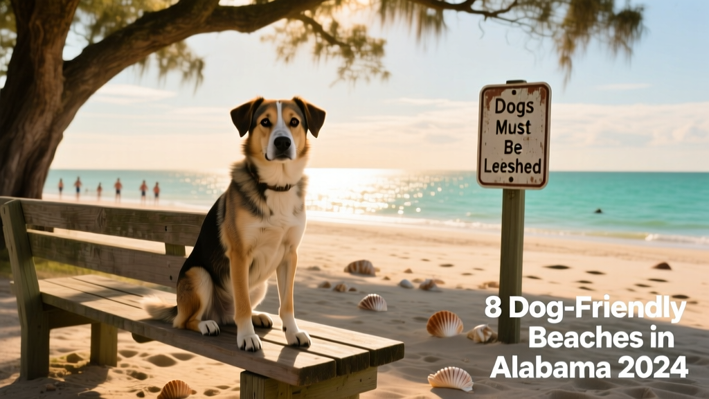 A mixed-breed dog sitting attentively on a shaded bench at Fairhope Municipal Beach, with Mobile Bay shimmering behind and a ‘Dogs Must Be Leashed’ sign visible nearby