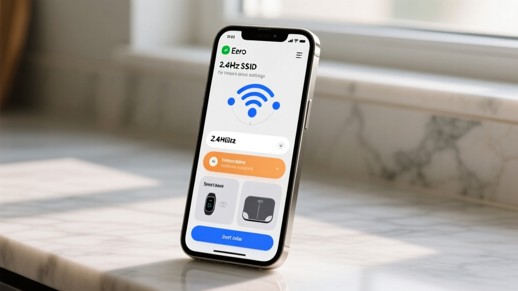 Smartphone screen displaying the Eero app IoT network settings with a dedicated 2.4GHz SSID configured for fitness wearables and smart scales