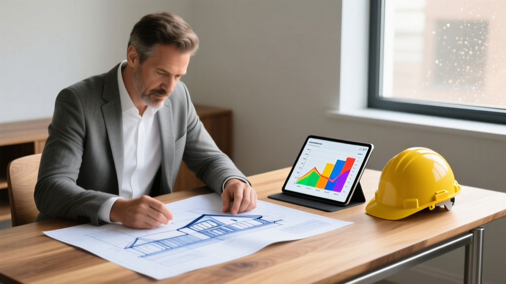 Architect reviewing blueprints and a tablet showing residential construction cost breakdowns on a wooden desk beside a yellow hard hat.