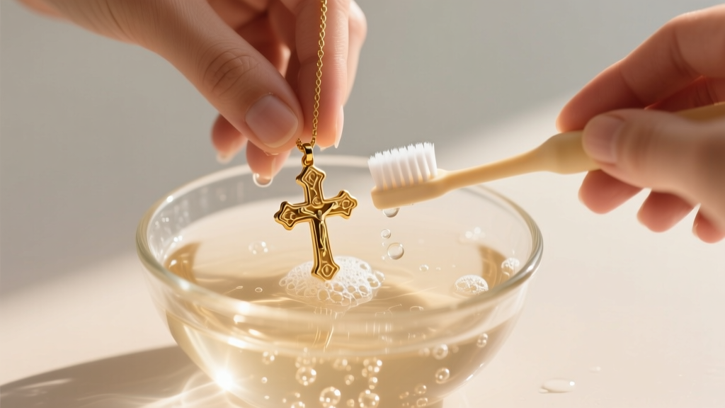 Hands gently washing a gold vermeil thin cross necklace in a small glass bowl of warm soapy water using a soft baby toothbrush.