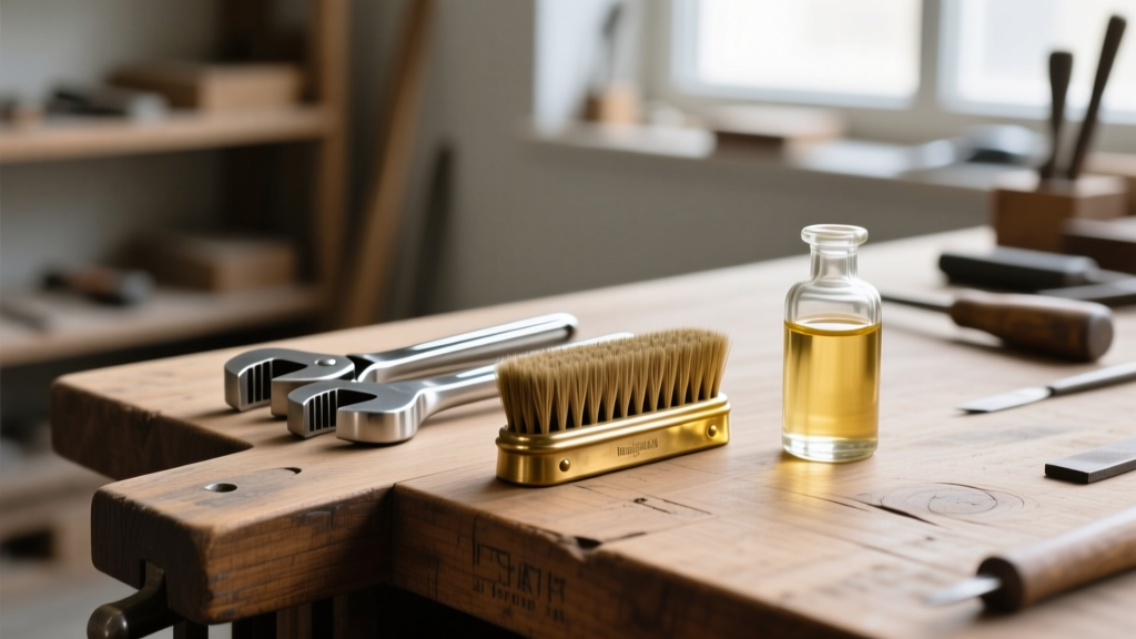 Polished steel flush cutters and a brass brush resting on a wooden jeweler bench next to a small glass bottle of clear oil.