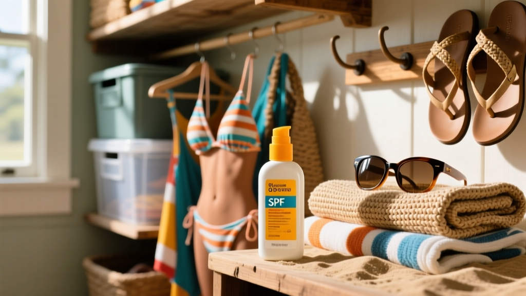 Close up of a fake 8oz SPF sunscreen bottle diversion safe sitting beside real seasonal summer beach gear in a mudroom closet