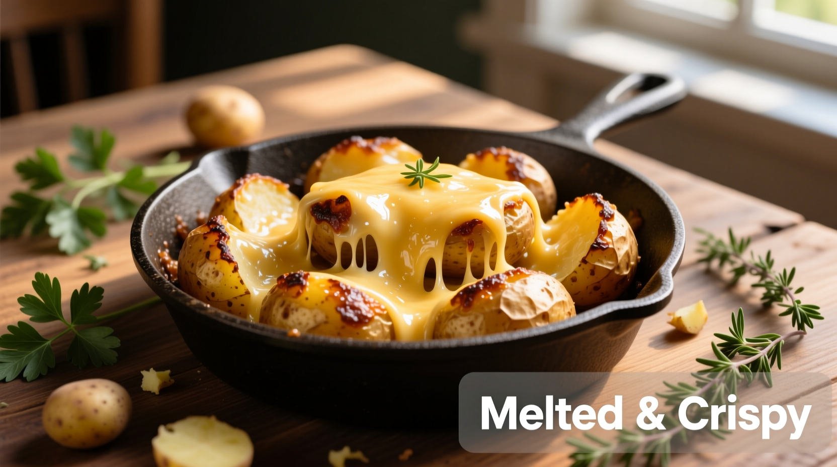 Cheese melted over golden roasted potatoes