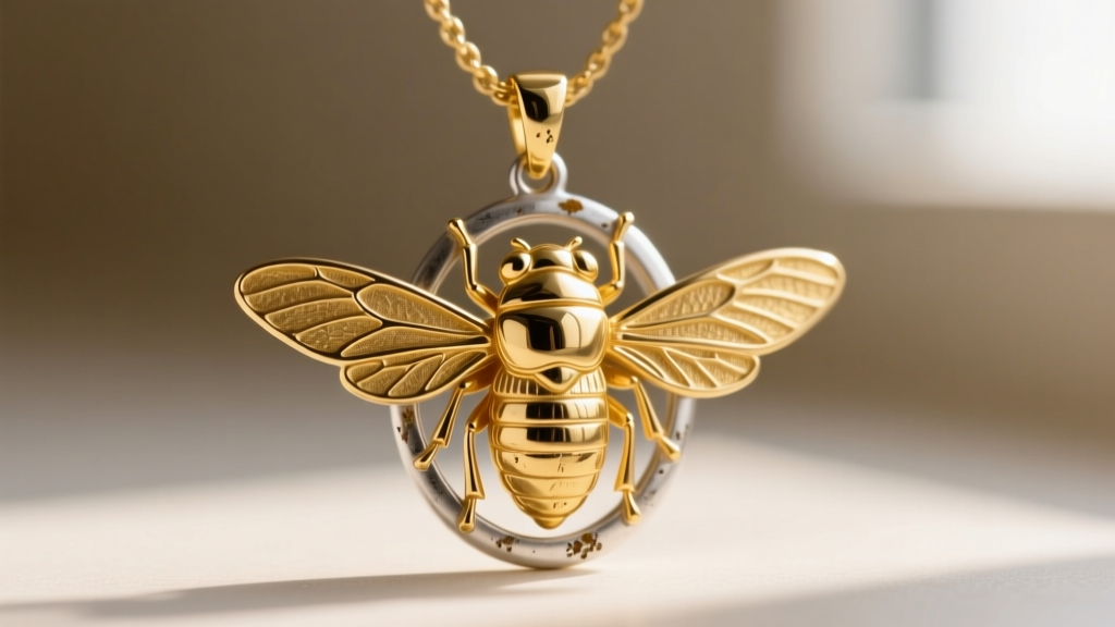 Close-up of a gold vermeil cicada bug necklace showing slight wear on the silver base metal around the pendant bail loop