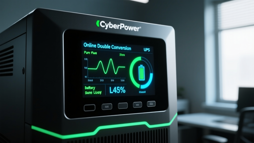 Close-up of a CyberPower Online Double Conversion UPS display showing pure sine wave output and battery load metrics in a dark room