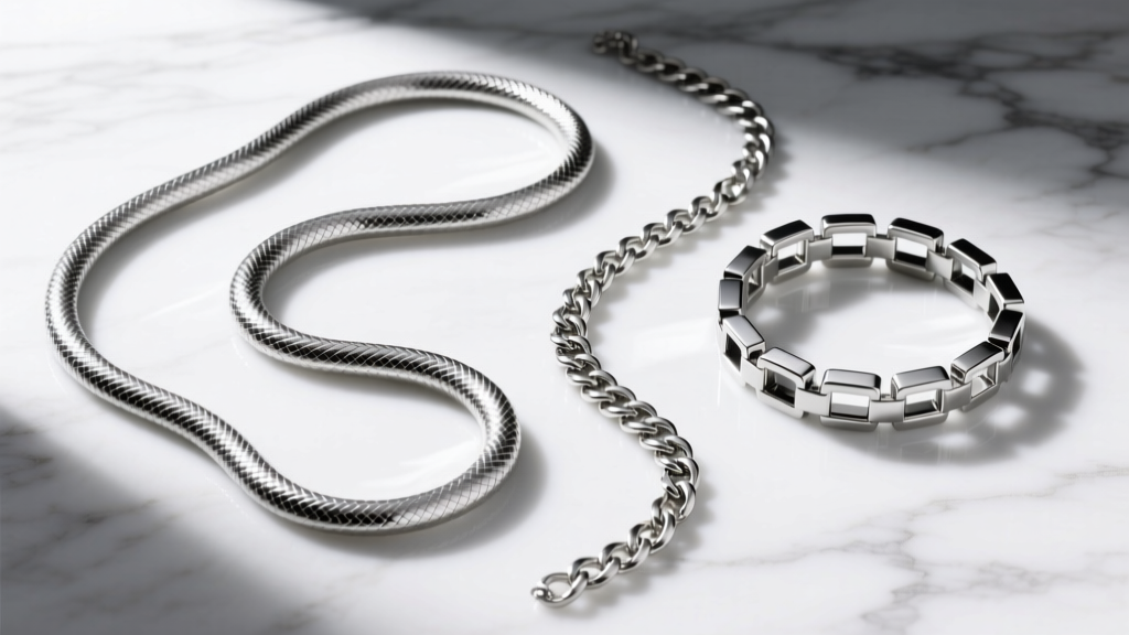 Flat lay of three silver chains: a smooth snake chain, a herringbone chain, and a box chain resting on a white marble surface.