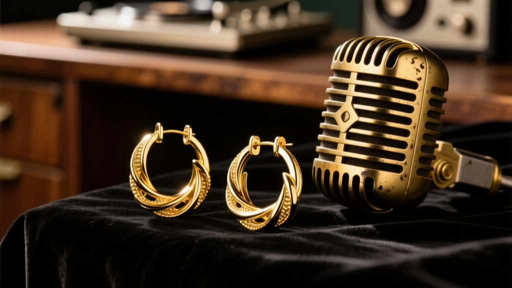 Gold hoop earrings on dark velvet beside a vintage microphone, lit by warm studio lighting in a detailed macro jewelry photograph.
