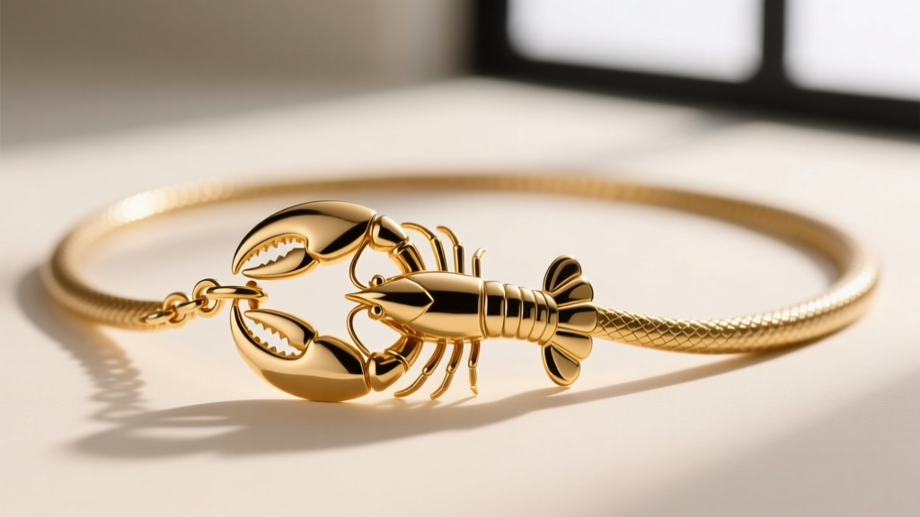 Close-up of a lobster clasp on a gold snake necklace with a fully soldered jump ring to prevent the smooth chain from slipping.