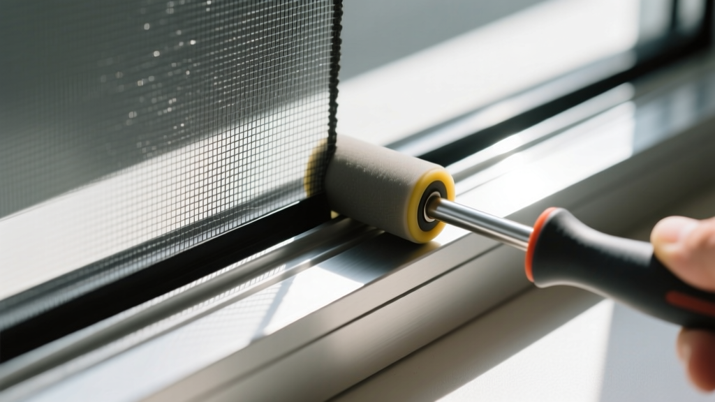 Charcoal fiberglass window screen mesh being pressed into an aluminum frame groove with a rubber spline and roller tool in bright sunlight.