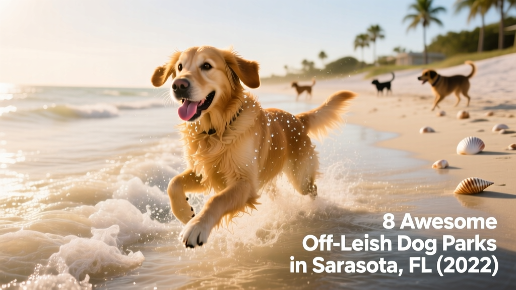 A golden retriever splashing joyfully in shallow waves at a sunlit dog beach