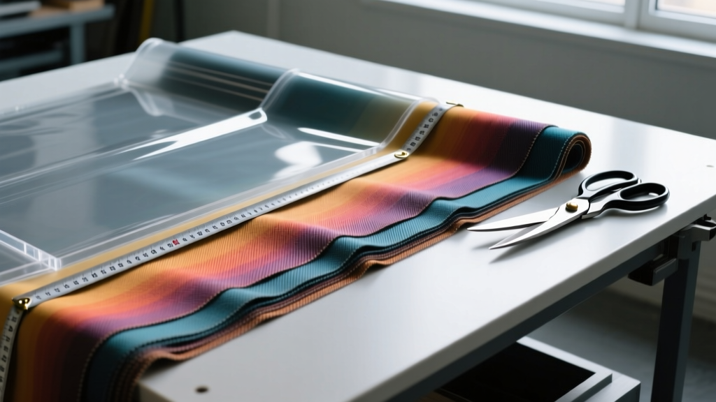 Close-up of heavy-duty acrylic and PVC waterproof awning fabrics rolled out on a workbench with measuring tape and fabric shears