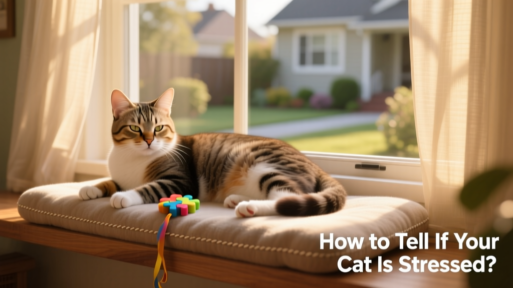 Cat relaxing on a sunny windowsill with a soft perch and nearby puzzle toy