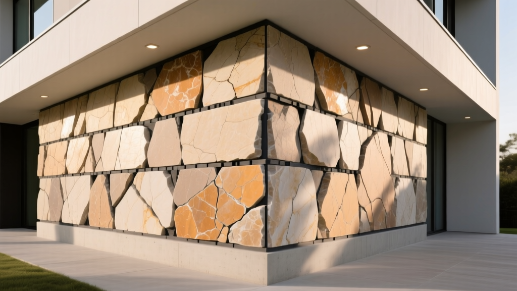 Natural quartzite split face stone veneer in warm earth tones installed on a modern exterior accent wall with dark mortar joints