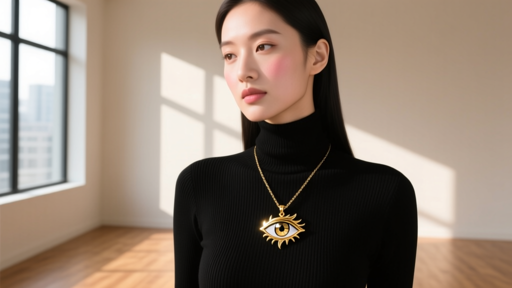 Model in a black turtleneck wearing a gold-plated anime eye pendant, looking away from the camera in soft natural daylight.