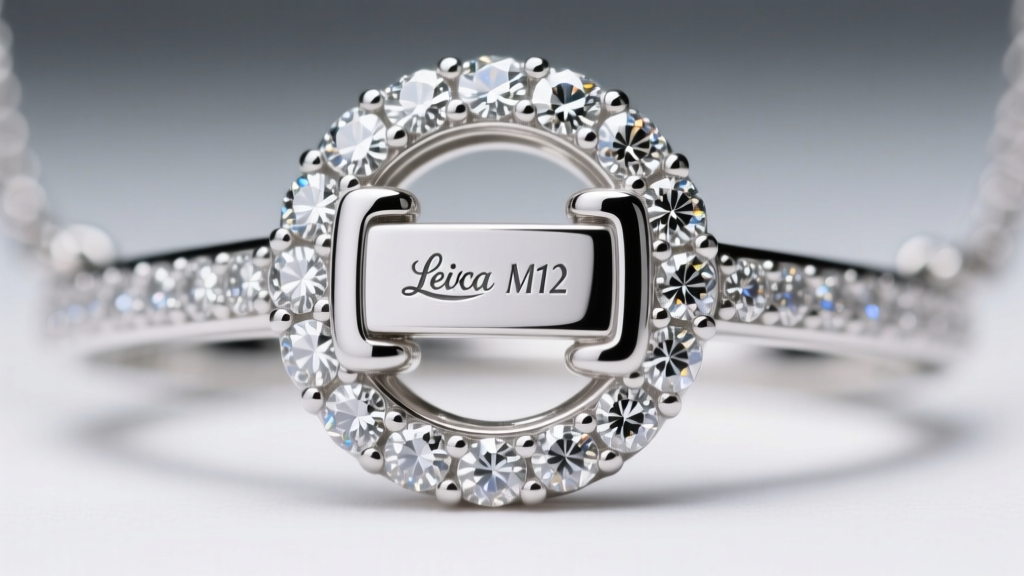 Macro shot of a platinum designer diamond necklace clasp showing a laser-inscribed serial number and microscopic pavé diamonds