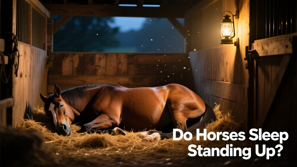 A serene nighttime barn scene with soft lighting, showing a horse resting quietly in a spacious stall with fresh bedding