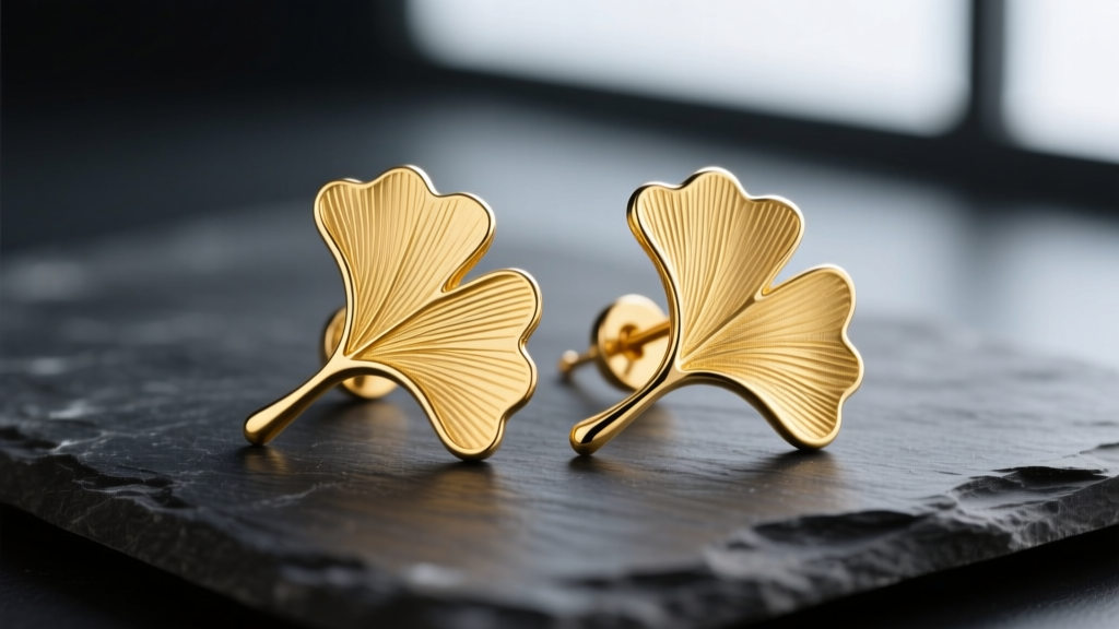 Macro shot of 14k yellow gold ginko leaf earrings on dark slate, highlighting intricate vein textures and polished edges.