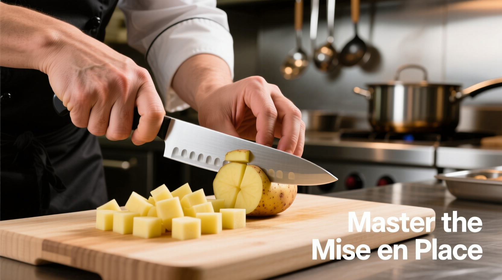 Chef's hand demonstrating proper potato dicing technique