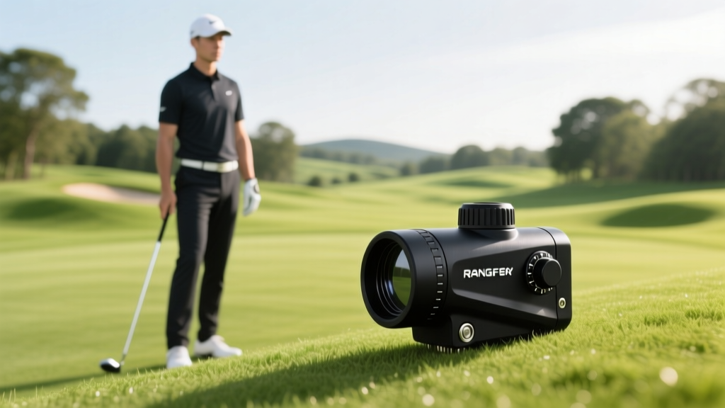 Golfer toggling the physical slope switch on the side of a black laser rangefinder while standing on a lush green fairway during a sunny round.