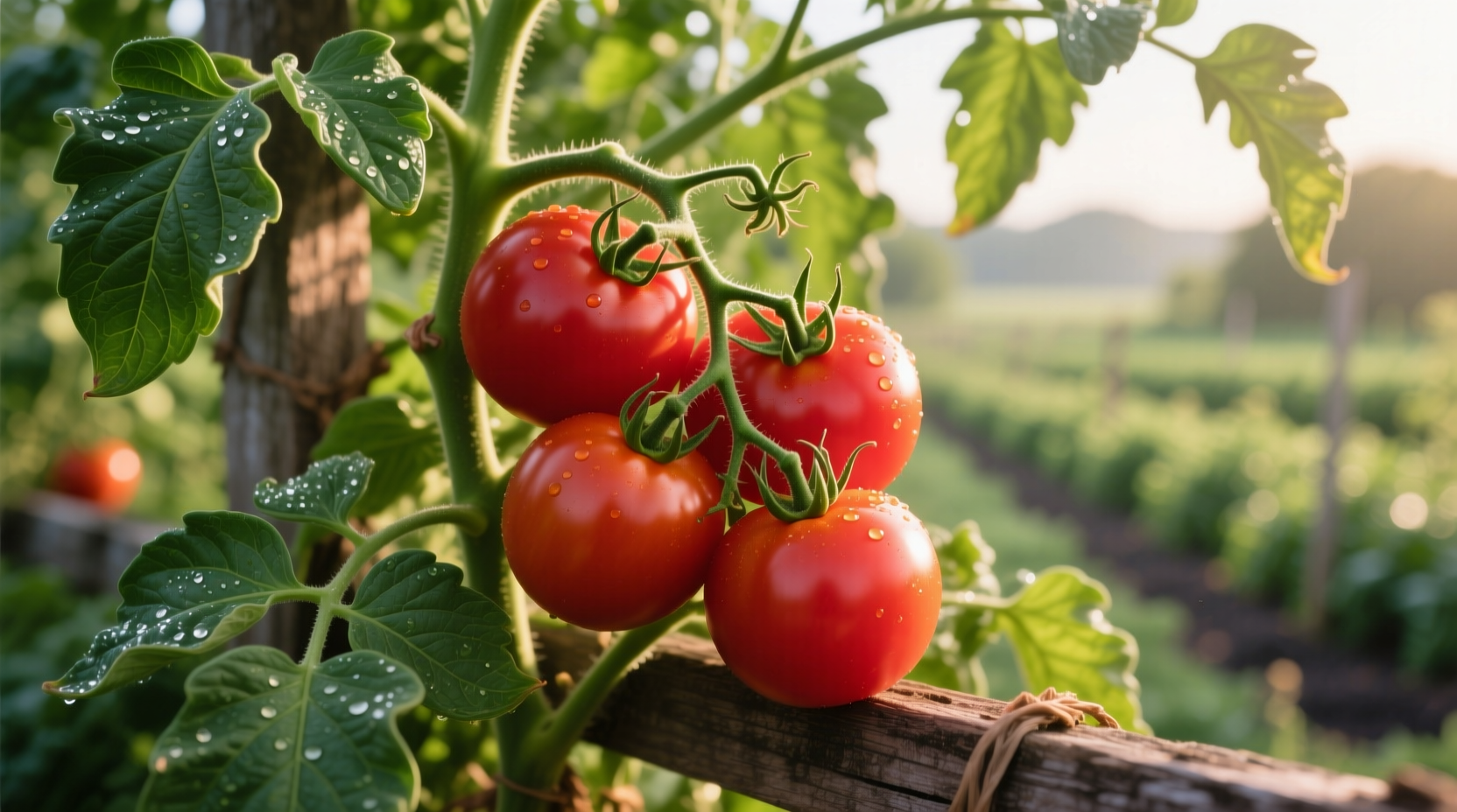 Ripe Whopper tomatoes on vine with healthy green foliage
