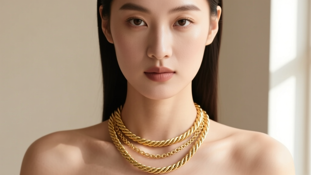 Close-up of a model wearing a layered 14k gold tight-twist cable chain and a French rope chain, lit by soft natural window light.