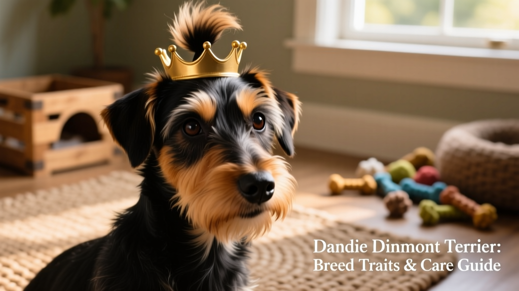 A close-up portrait of a Dandie Dinmont Terrier showing its expressive eyes and iconic topknot