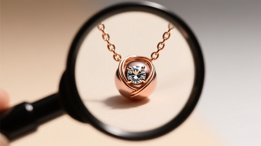 Macro photography of a jewelry loupe inspecting a wire-wrapped gemstone bead connection on a delicate rose gold chain necklace.