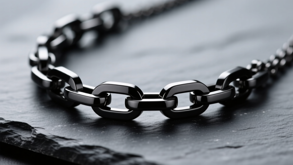 Macro shot of matte black tungsten carbide mens necklace on dark slate, showing metallic luster and heavy interlocking links.